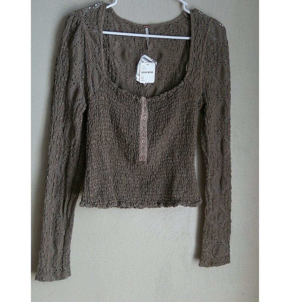 Free People Women's Timeless Taupe Brown Long Sleeve Sultry Smocked Top *NWT*